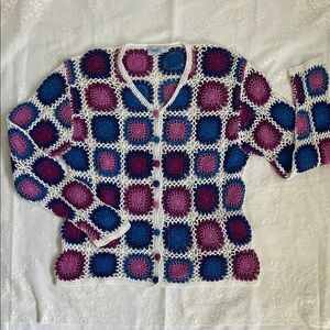 Classic Crochet Cardigan Sweater - Blue, Purple, White by Haband